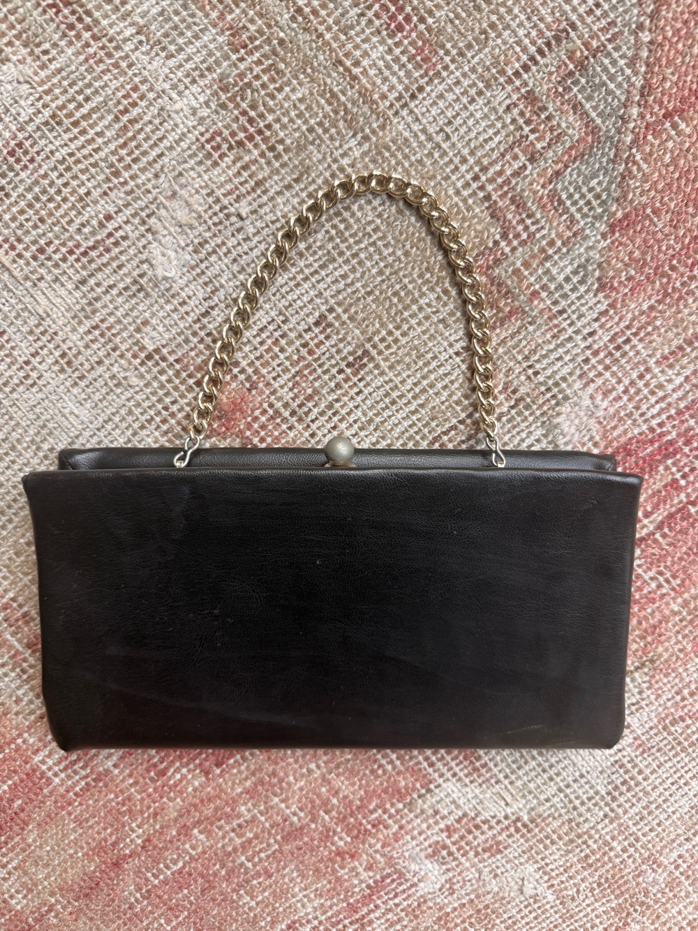 Vintage Black Leather Clutch with Gold Chain Handle
